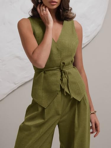 Womens 2 Piece Outfits V Neck Tie Waist Blazer Vest and Wide Leg Business Casual Suit Pants Sets Army Green