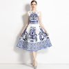 Women’s Blue Floral A-Line Dress Round Neck Sleeveless Chinese Porcelain Print Summer Vest Dresses