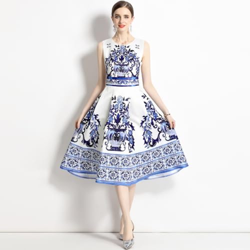 Women’s Blue Floral A-Line Dress Round Neck Sleeveless Chinese Porcelain Print Summer Vest Dresses