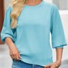 Womens 3/4 Puff Sleeve Sweater Tops Fall Casual Crew Neck Lightweight Knit Pullover Loose Fit Scallop Trim Sweater