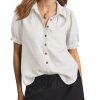 Womens Puff Short Sleeve Button Down Shirts Summer Casual Collared V Neck Blouse Linen Loose Fit Work Tops