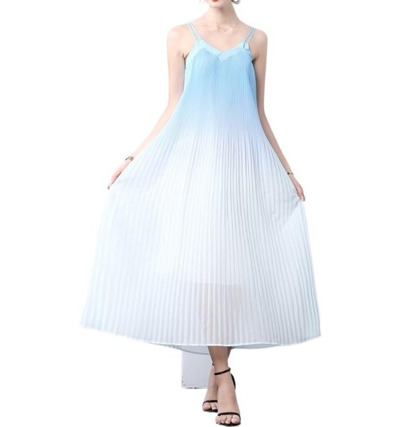 Womens French Beach Ombre Dress Strapless Long Summer Vacation Gradient Color Wave Maxi Dresses