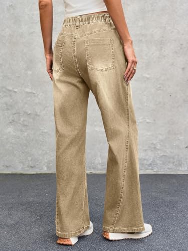 Womens Wide Leg Flare Jeans Casual Drawstring High Waist Vintage Denim Pants with Pockets