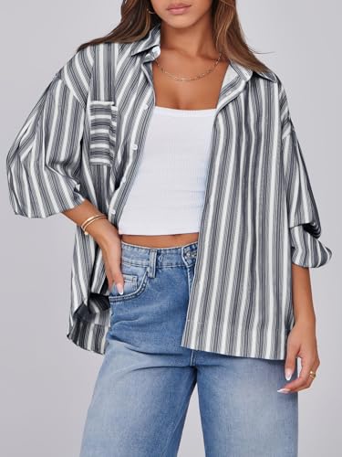 Womens Striped Button Down Shirts 2024 Fall Fashion Puff Long Sleeve Loose Fitting Work Tops