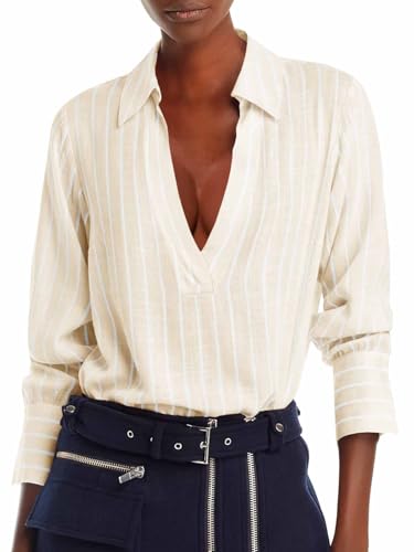 Womens Deep V Neck Blouse Casual Striped Long Sleeve Loose Fit Work Shirt Tops