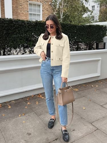 Womens Cropped Tweed Blazers Jacket Collarless Button Down Business Casual 2025 Fall Outfits Winter Coats