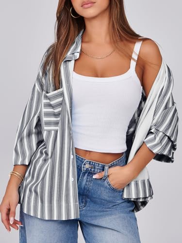 Womens Striped Button Down Shirts 2024 Fall Fashion Puff Long Sleeve Loose Fitting Work Tops
