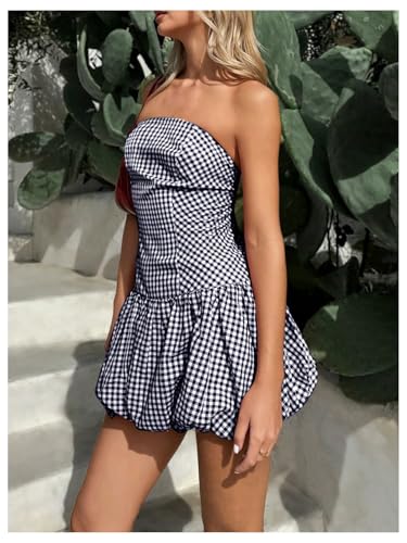 Women's Plaid Strapless Bubble Dress Sleeveless Ruffle Mini Tube Dresses