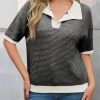 Womens Striped Cropped Sweaters Tops Color Block Short Sleeve Knit V Neck Fall Casual Pullover