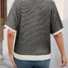 Womens Striped Cropped Sweaters Tops Color Block Short Sleeve Knit V Neck Fall Casual Pullover