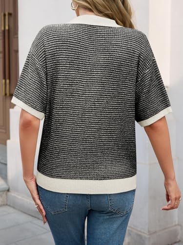 Womens Striped Cropped Sweaters Tops Color Block Short Sleeve Knit V Neck Fall Casual Pullover