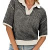Womens Striped Cropped Sweaters Tops Color Block Short Sleeve Knit V Neck Fall Casual Pullover