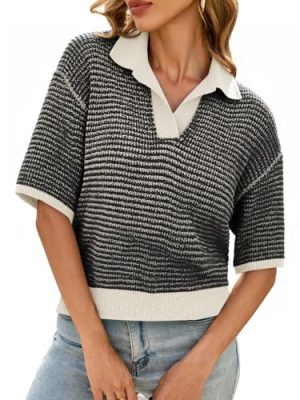 Womens Striped Cropped Sweaters Tops Color Block Short Sleeve Knit V Neck Fall Casual Pullover