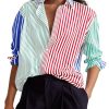 Womens Color Block Striped Button Down Shirts Oversized Trendy Casual Blouses Long Sleeve Tops