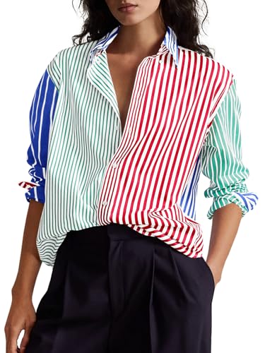 Womens Color Block Striped Button Down Shirts Oversized Trendy Casual Blouses Long Sleeve Tops