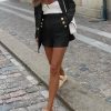 Womens 2 Piece Tweed Blazer Shorts Sets Long Sleeve Double Breasted Suit Jackets Business Outfit Black, X-Large