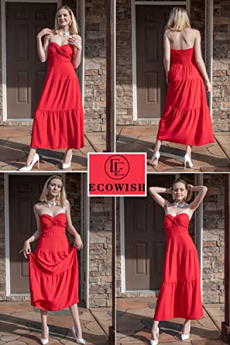 Women's Summer Strapless Maxi Dress 2025 Off Shoulder Hollow Out Smocked A Line Tube Tiered Long Dresses