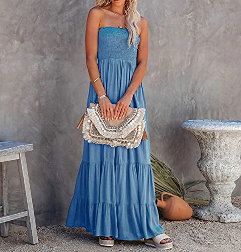 Womens Summer Cotton Strapless Elastic Smocked Boho Beach Casual Flowy Maxi Tube Dresses