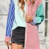 Womens Color Block Striped Button Down Shirts Oversized Trendy Casual Blouses Long Sleeve Tops