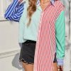 Womens Color Block Striped Button Down Shirts Oversized Trendy Casual Blouses Long Sleeve Tops