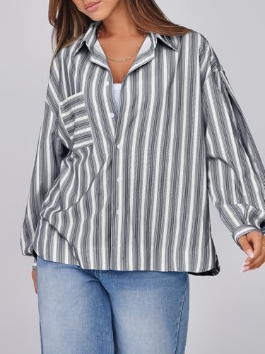 Womens Striped Button Down Shirts 2024 Fall Fashion Puff Long Sleeve Loose Fitting Work Tops