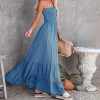 Womens Summer Cotton Strapless Elastic Smocked Boho Beach Casual Flowy Maxi Tube Dresses