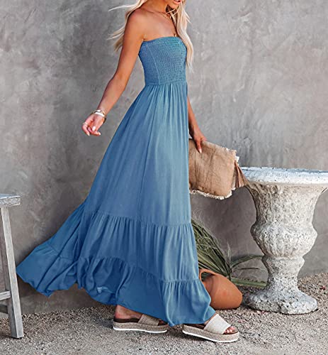 Womens Summer Cotton Strapless Elastic Smocked Boho Beach Casual Flowy Maxi Tube Dresses