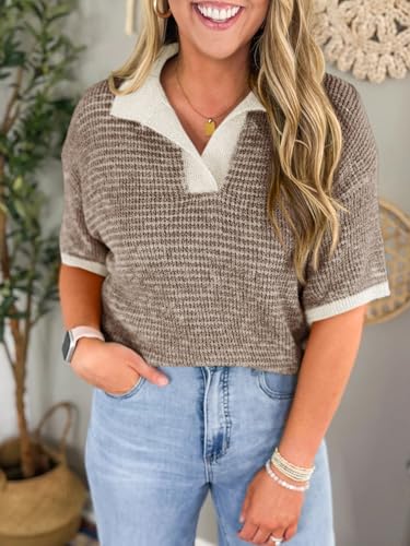 Womens Striped Cropped Sweaters Tops Color Block Short Sleeve Knit V Neck Fall Casual Pullover