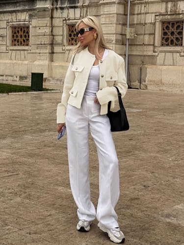 Womens Cropped Tweed Blazers Jacket Collarless Button Down Business Casual 2025 Fall Outfits Winter Coats