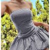 Women's Plaid Strapless Bubble Dress Sleeveless Ruffle Mini Tube Dresses