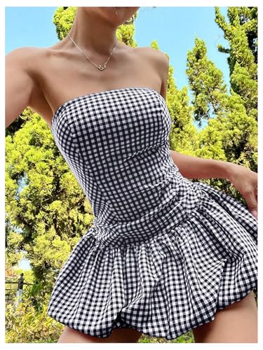 Women's Plaid Strapless Bubble Dress Sleeveless Ruffle Mini Tube Dresses