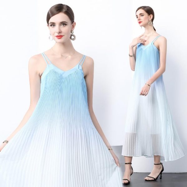 Womens French Beach Ombre Dress Strapless Long Summer Vacation Gradient Color Wave Maxi Dresses