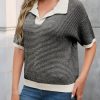Womens Striped Cropped Sweaters Tops Color Block Short Sleeve Knit V Neck Fall Casual Pullover