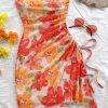 Women's Floral Ruched Mini Tube Dress Strapless Split Hem Bodycon Dresses