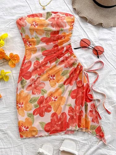 Women's Floral Ruched Mini Tube Dress Strapless Split Hem Bodycon Dresses