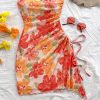Women's Floral Ruched Mini Tube Dress Strapless Split Hem Bodycon Dresses