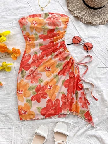 Women's Floral Ruched Mini Tube Dress Strapless Split Hem Bodycon Dresses