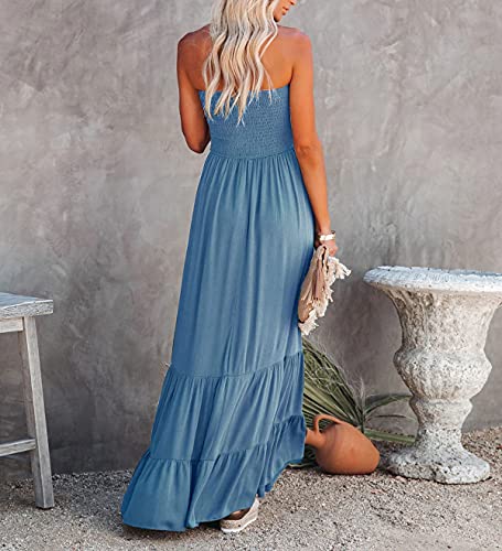 Womens Summer Cotton Strapless Elastic Smocked Boho Beach Casual Flowy Maxi Tube Dresses