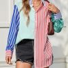 Womens Color Block Striped Button Down Shirts Oversized Trendy Casual Blouses Long Sleeve Tops