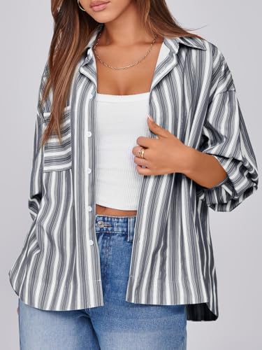 Womens Striped Button Down Shirts 2024 Fall Fashion Puff Long Sleeve Loose Fitting Work Tops
