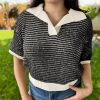 Womens Striped Cropped Sweaters Tops Color Block Short Sleeve Knit V Neck Fall Casual Pullover