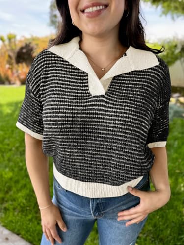 Womens Striped Cropped Sweaters Tops Color Block Short Sleeve Knit V Neck Fall Casual Pullover