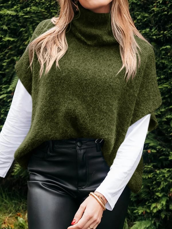 Womens Oversized Turtleneck Poncho Sweaters Short Batwing Sleeve Casual Slouchy Loose Fit Chunky Knit Pullover Tops